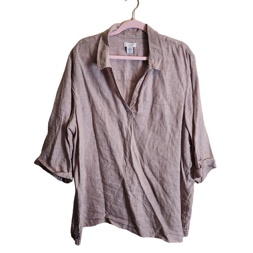 Antibes Blanc 100% Linen Lagonlook Minimalist Neutral Tan Tunic Size 2X